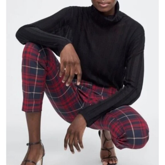 Zara Plaid Dark Academia Checkered Chino Skinny Ankle‎ Pants Blue Red Size S - Picture 4 of 5
